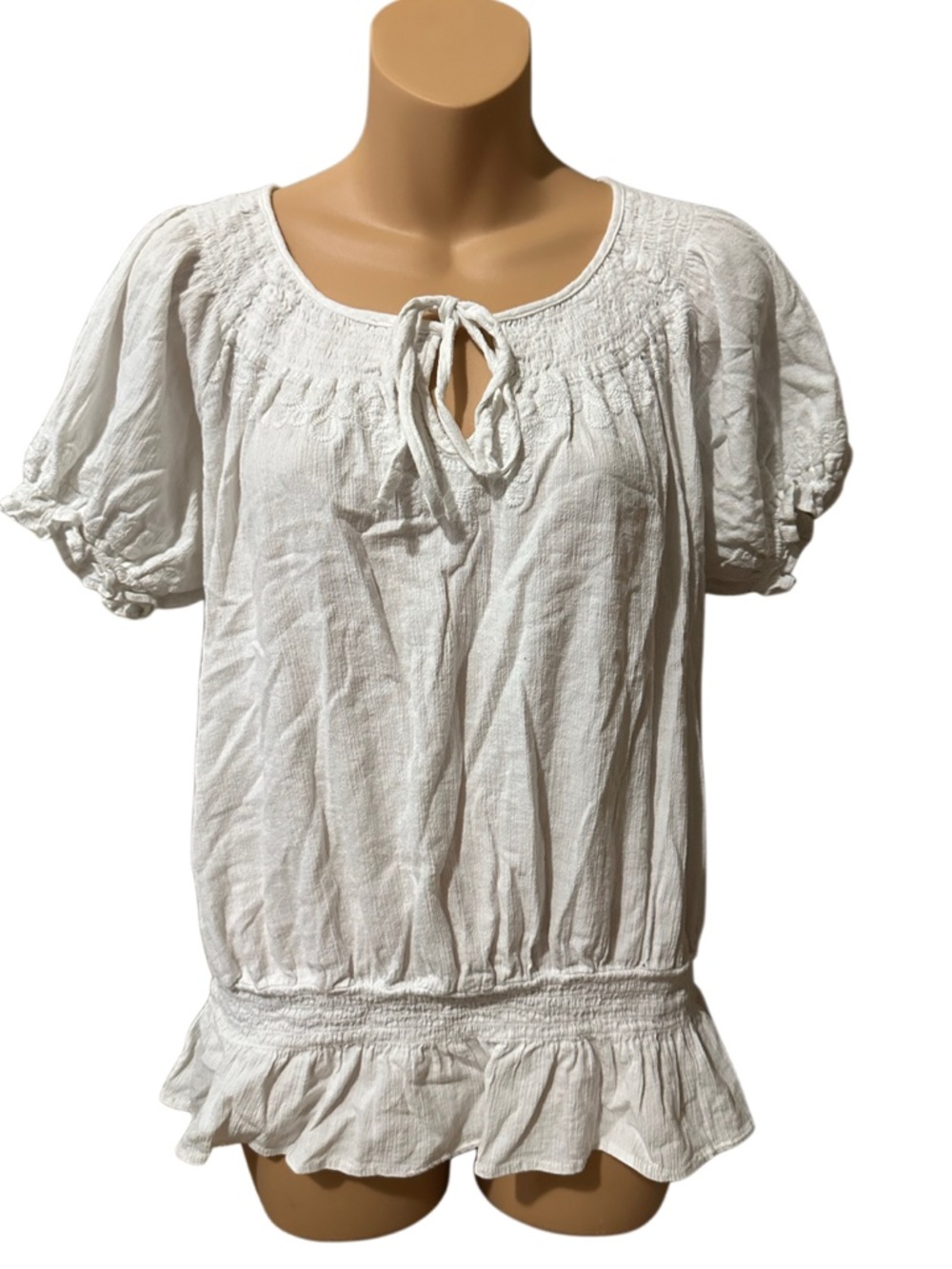 Choices White Peasant Tie-Neck Blouse with Puff Sleeves and Smocking